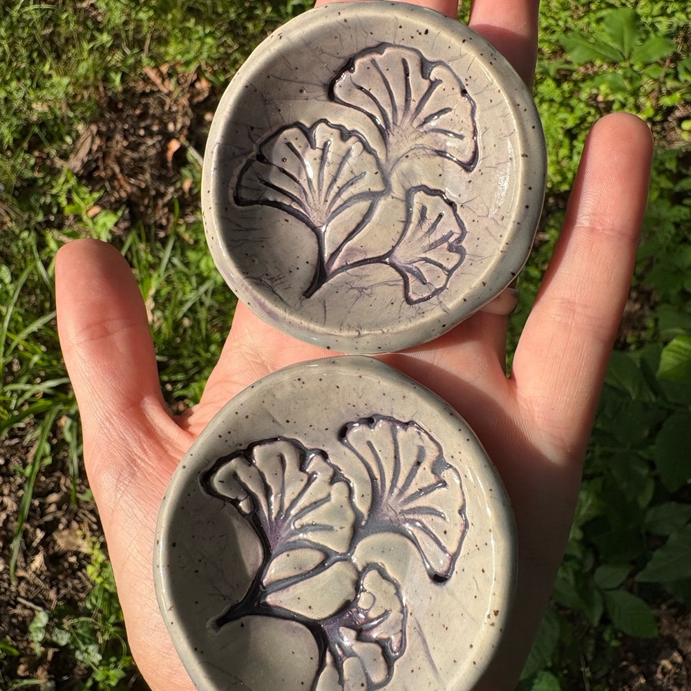 Handcrafted Ceramic Gingko Leaf Dish Gray and Purple